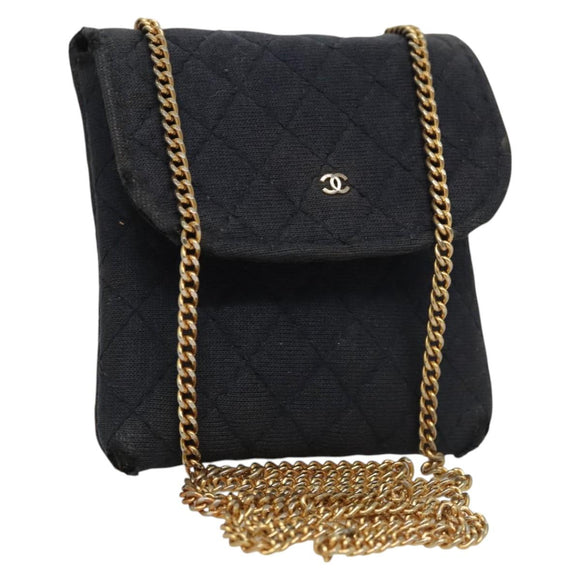 CHANEL Mini Matelasse Chain Pouch cotton Navy Gold CC Auth bs24235