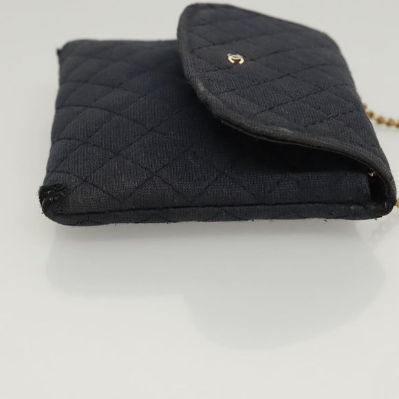 CHANEL Mini Matelasse Chain Pouch cotton Navy Gold CC Auth bs24235