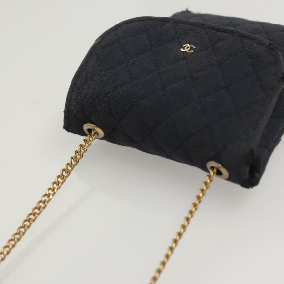 CHANEL Mini Matelasse Chain Pouch cotton Navy Gold CC Auth bs24235