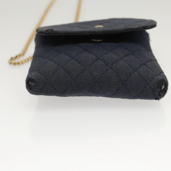CHANEL Mini Matelasse Chain Pouch cotton Navy Gold CC Auth bs24235