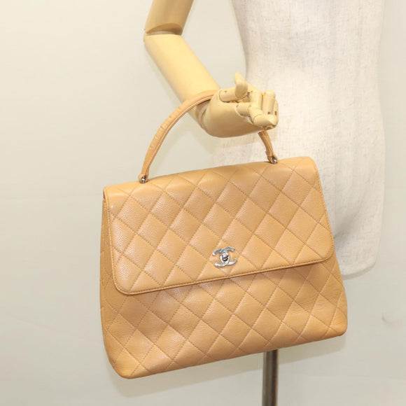 CHANEL Matelasse Hand Bag Calf Skin Beige CC Auth bs24263