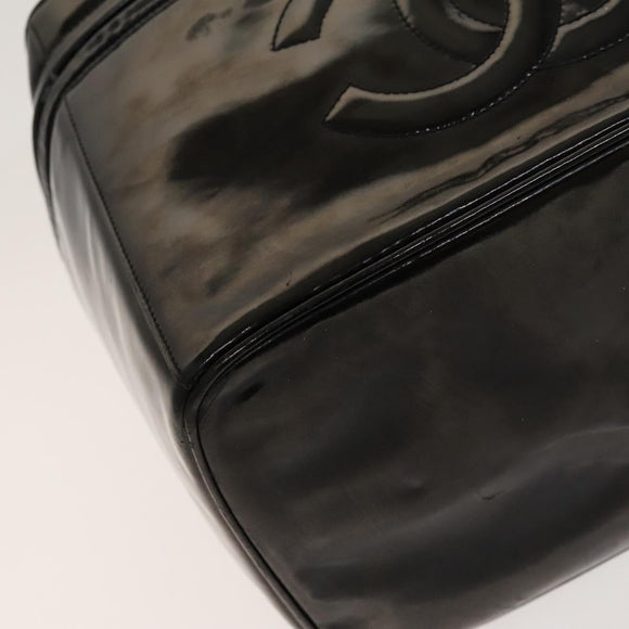 CHANEL Vanity Pouch Patent leather 2way Black Gold CC Auth bs24264
