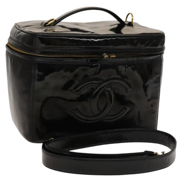 CHANEL Vanity Pouch Patent leather 2way Black Gold CC Auth bs24264