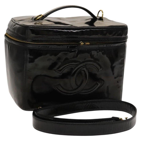 CHANEL Vanity Pouch Patent leather 2way Black Gold CC Auth bs24264