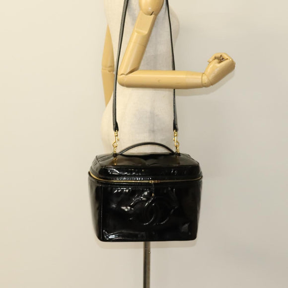 CHANEL Vanity Pouch Patent leather 2way Black Gold CC Auth bs24264
