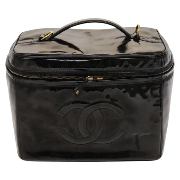 CHANEL Vanity Pouch Patent leather 2way Black Gold CC Auth bs24264