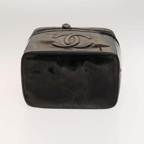 CHANEL Vanity Pouch Patent leather 2way Black Gold CC Auth bs24264