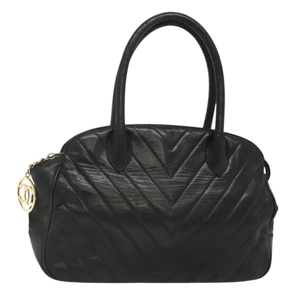 CHANEL V stitch Hand Bag Lamb Skin Black CC Auth bs24282