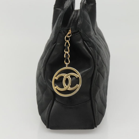 CHANEL V stitch Hand Bag Lamb Skin Black CC Auth bs24282
