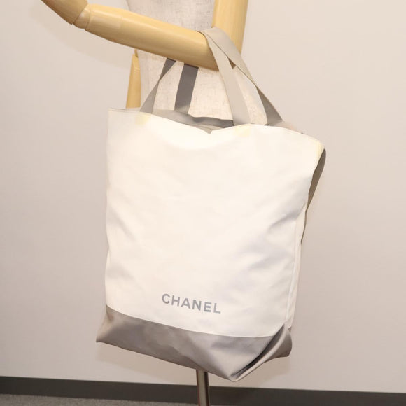 CHANEL Hand Bag Nylon 2way White Gray Silver CC Auth bs24302