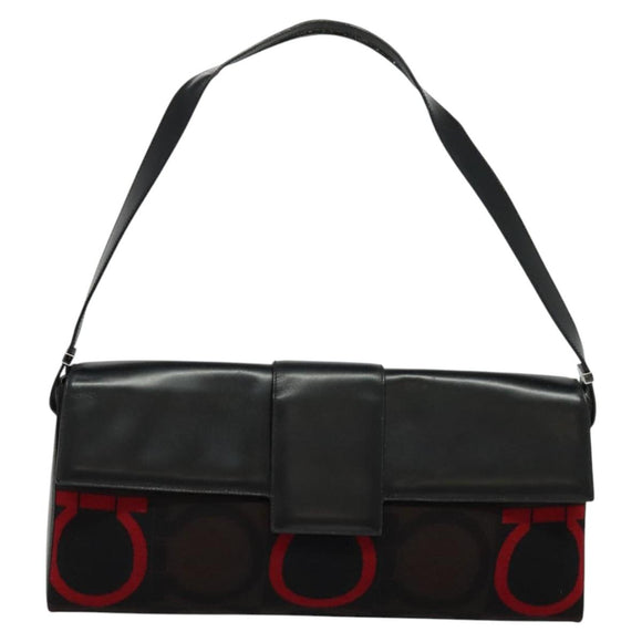 Salvatore Ferragamo Gancini Bag Canvas Leather Black Silver Auth bs24330