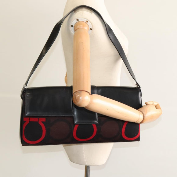 Salvatore Ferragamo Gancini Bag Canvas Leather Black Silver Auth bs24330