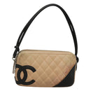 CHANEL Cambon Line Matelasse Shoulder Bag Lamb Skin Beige Black CC Auth bs24360-1