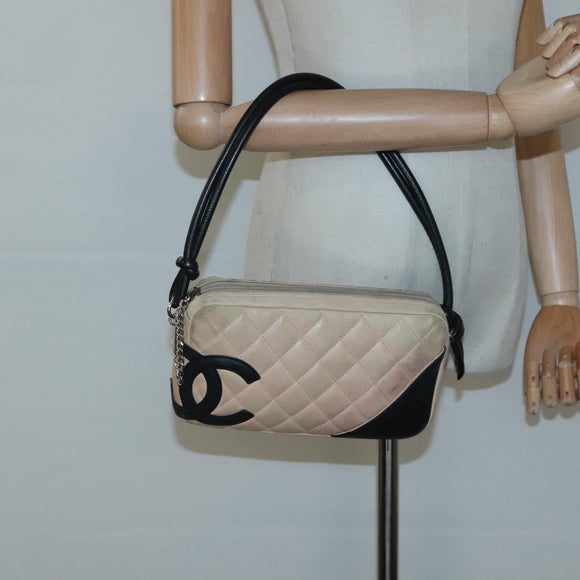 CHANEL Cambon Line Matelasse Shoulder Bag Lamb Skin Beige Black CC Auth bs24360