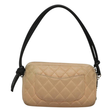 CHANEL Cambon Line Matelasse Shoulder Bag Lamb Skin Beige Black CC Auth bs24360 - 0