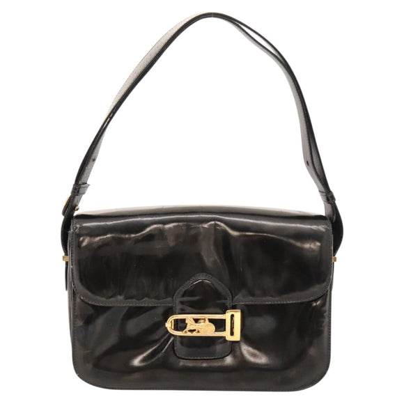 CELINE Horse Carriage Shoulder Bag Enamel Black Auth bs24388