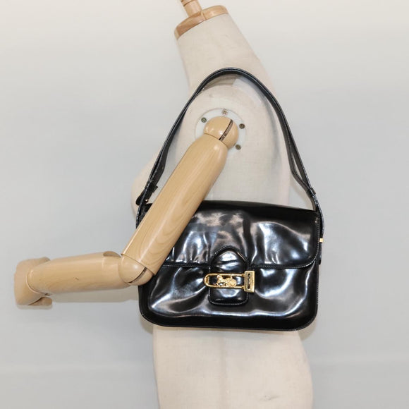 CELINE Horse Carriage Shoulder Bag Enamel Black Auth bs24388