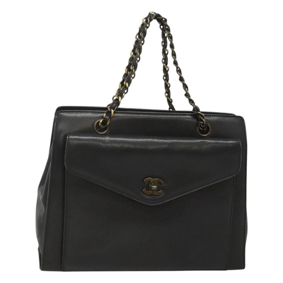 CHANEL Chain Hand Bag Leather Black CC Auth bs24390