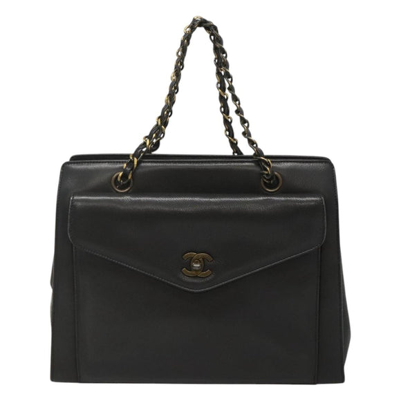 CHANEL Chain Hand Bag Leather Black CC Auth bs24390