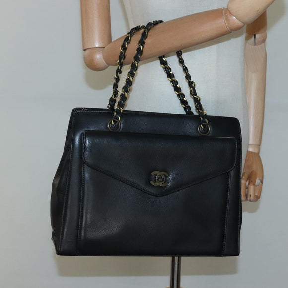 CHANEL Chain Hand Bag Leather Black CC Auth bs24390
