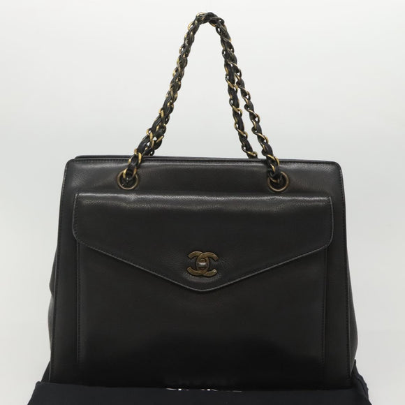 CHANEL Chain Hand Bag Leather Black CC Auth bs24390
