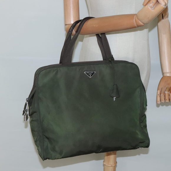 PRADA Hand Bag Nylon Khaki Silver Auth bs24401