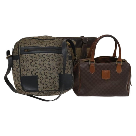 CELINE Macadam Canvas Shoulder Hand Bag PVC Canvas 3 Set Brown Navy Auth bs24405