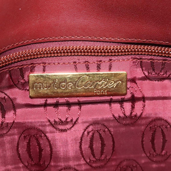 CARTIER Clutch Bag Leather Bordeaux Gold Auth bs24416