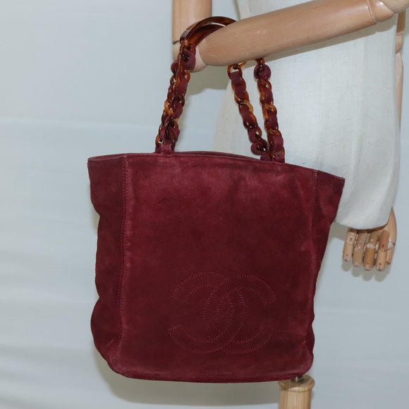 CHANEL Hand Bag Suede Red CC Auth bs24533