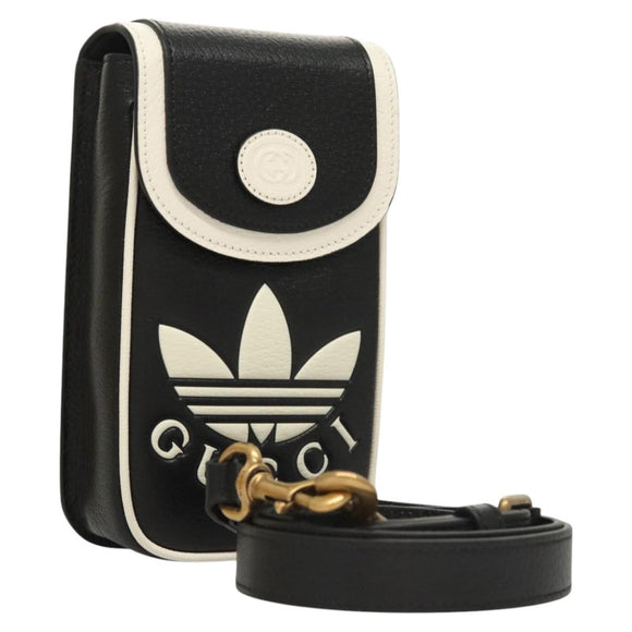 GUCCI Adidas Collaboration Shoulder Bag Leather Black Gold Auth bs24542