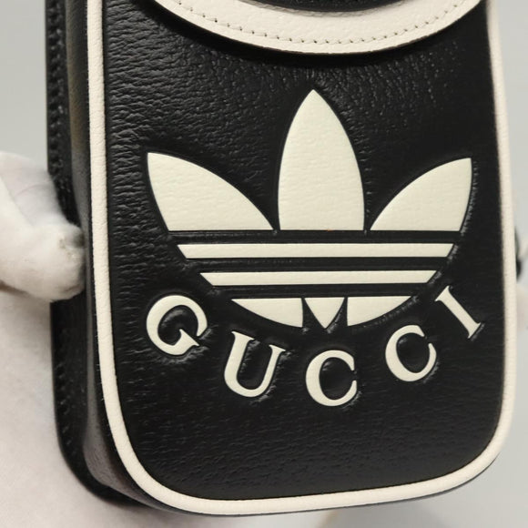 GUCCI Adidas Collaboration Shoulder Bag Leather Black Gold Auth bs24542