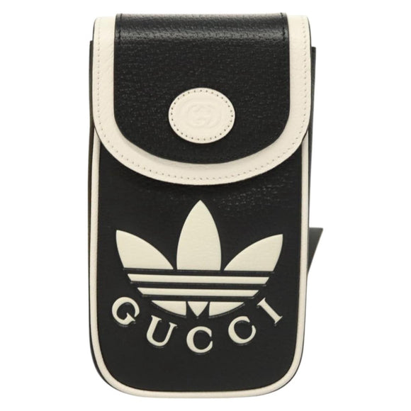 GUCCI Adidas Collaboration Shoulder Bag Leather Black Gold Auth bs24542