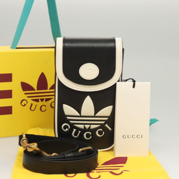 GUCCI Adidas Collaboration Shoulder Bag Leather Black Gold Auth bs24542