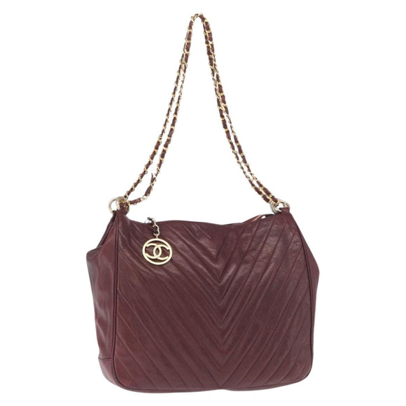 CHANEL Chain Schultertasche V-Stitching Lammleder Bordeaux Gold CC Auth bs24546