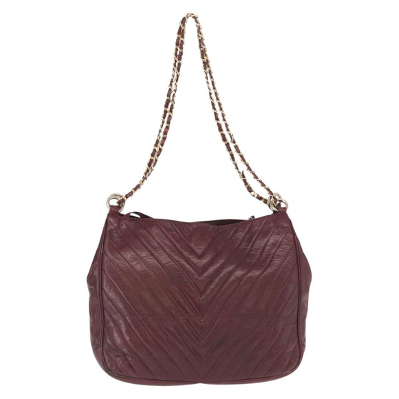 CHANEL Chain V Stitch Shoulder Bag Lamb Skin Bordeaux Gold CC Auth bs24546