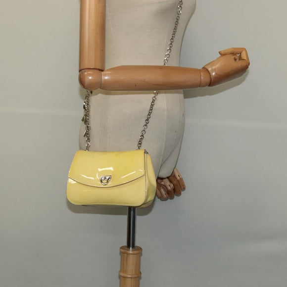 Salvatore Ferragamo Gancini Chain Shoulder Bag Enamel Yellow Silver Auth bs24676