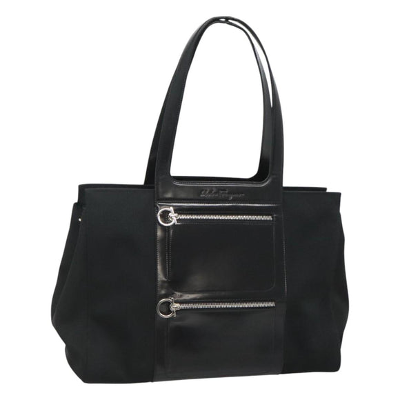 Salvatore Ferragamo Gancini Bag Canvas Leather Black Silver Auth bs24678