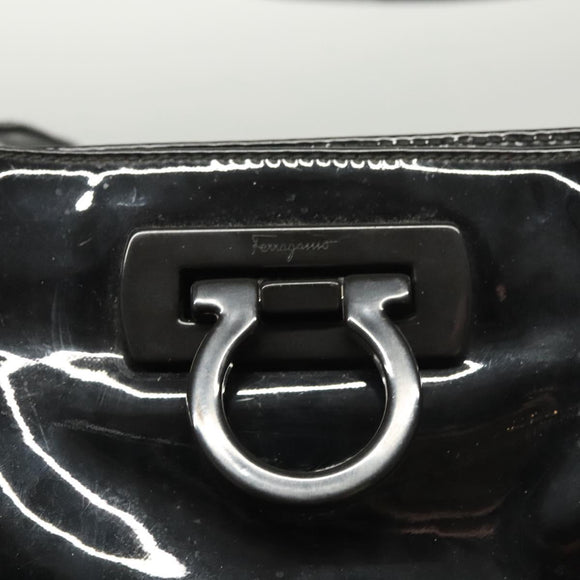 Salvatore Ferragamo Gancini Shoulder Bag Enamel Black Silver Auth bs24679