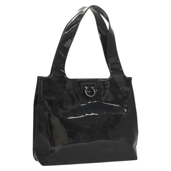 Salvatore Ferragamo Gancini Shoulder Bag Enamel Black Silver Auth bs24679