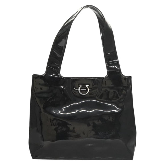 Salvatore Ferragamo Gancini Shoulder Bag Enamel Black Silver Auth bs24679