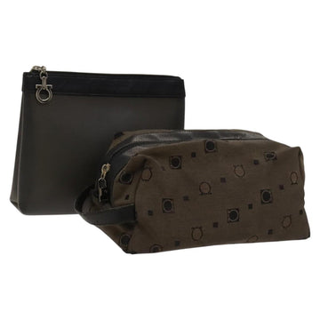 Salvatore Ferragamo Gancini Pouch Leather Canvas 2Set Brown Black Auth bs24710