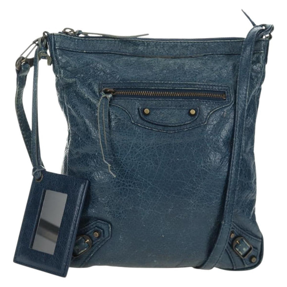 BALENCIAGA Classic Flat Shoulder Bag Leather Blue Auth bs24746