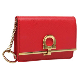 Salvatore Ferragamo Gancini Card Case Leather Red Gold Auth bs24757