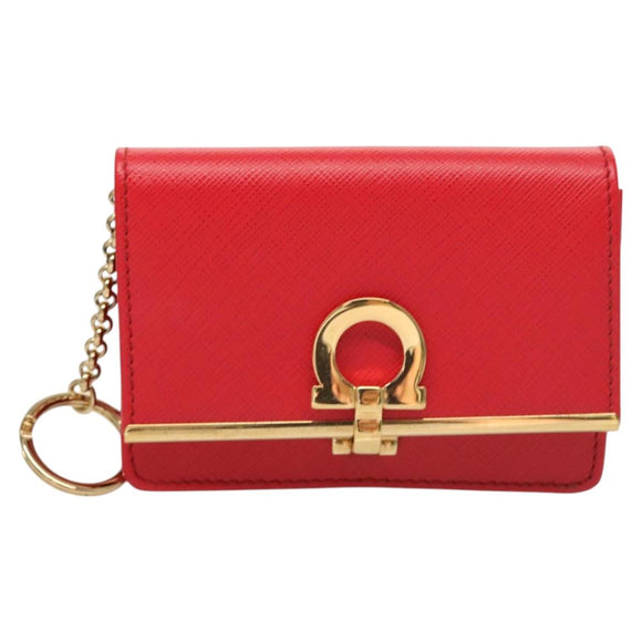 Salvatore Ferragamo Gancini Card Case Leather Red Gold Auth bs24757