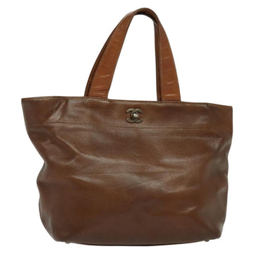 CHANEL Calf Skin Tote Bag Brown CC Auth bs24764
