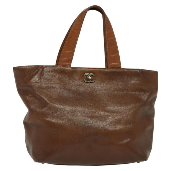 CHANEL Calf Skin Tote Bag Brown CC Auth bs24764
