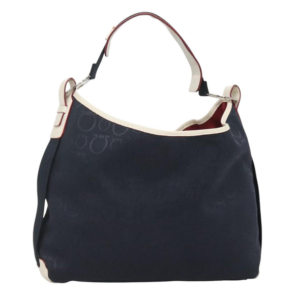 Salvatore Ferragamo Gancini Shoulder Bag Canvas Navy Silver Auth bs24930