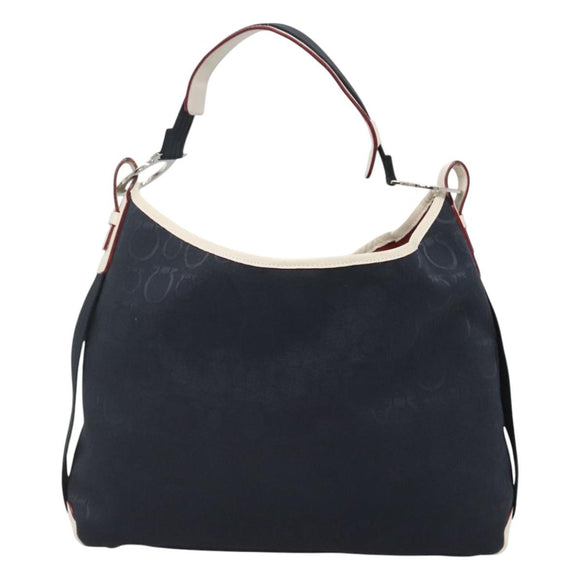 Salvatore Ferragamo Gancini Shoulder Bag Canvas Navy Silver Auth bs24930