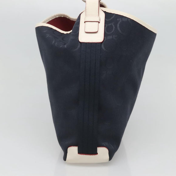 Salvatore Ferragamo Gancini Shoulder Bag Canvas Navy Silver Auth bs24930