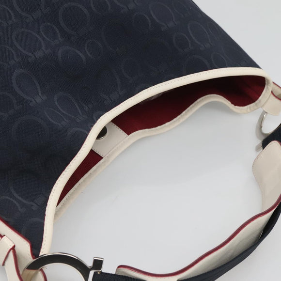 Salvatore Ferragamo Gancini Shoulder Bag Canvas Navy Silver Auth bs24930